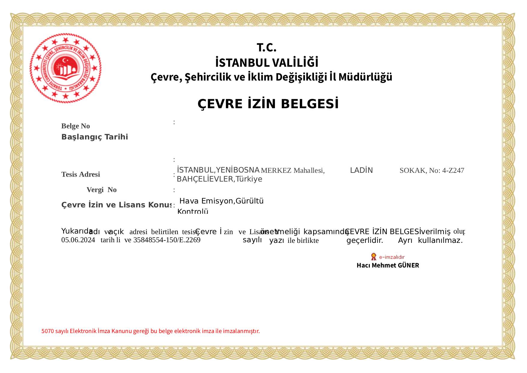 ÇEVRE İZİN BELGESİ 2029