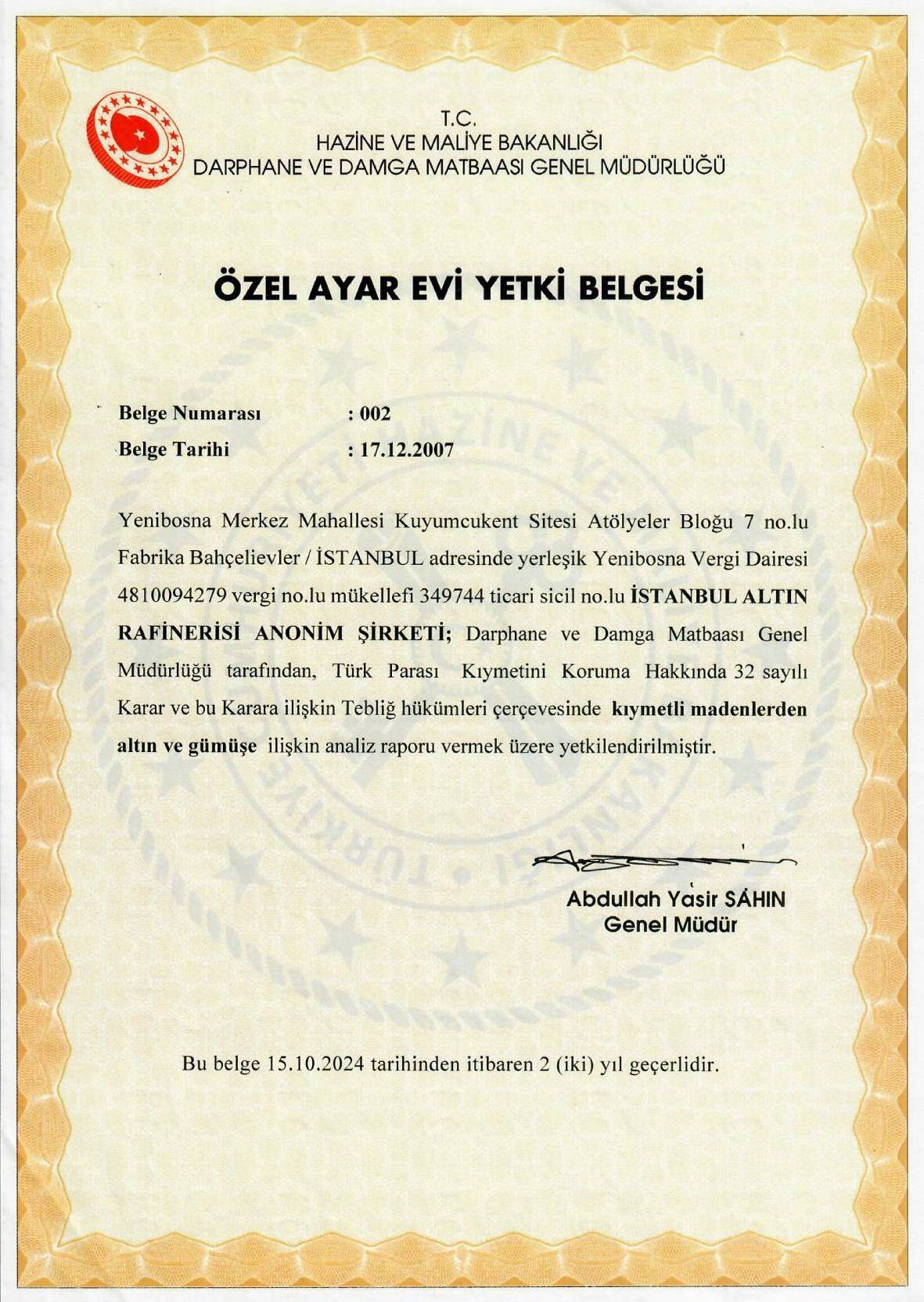 İAR ÖZEL AYAR EVİ YETKİ BELGESİ AU-AG