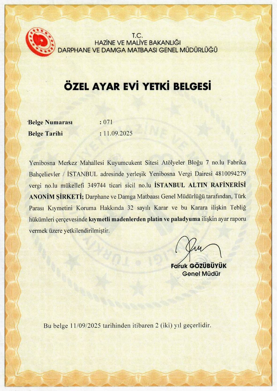İAR ÖZEL AYAR EVİ YETKİ BELGESİ PD-PT