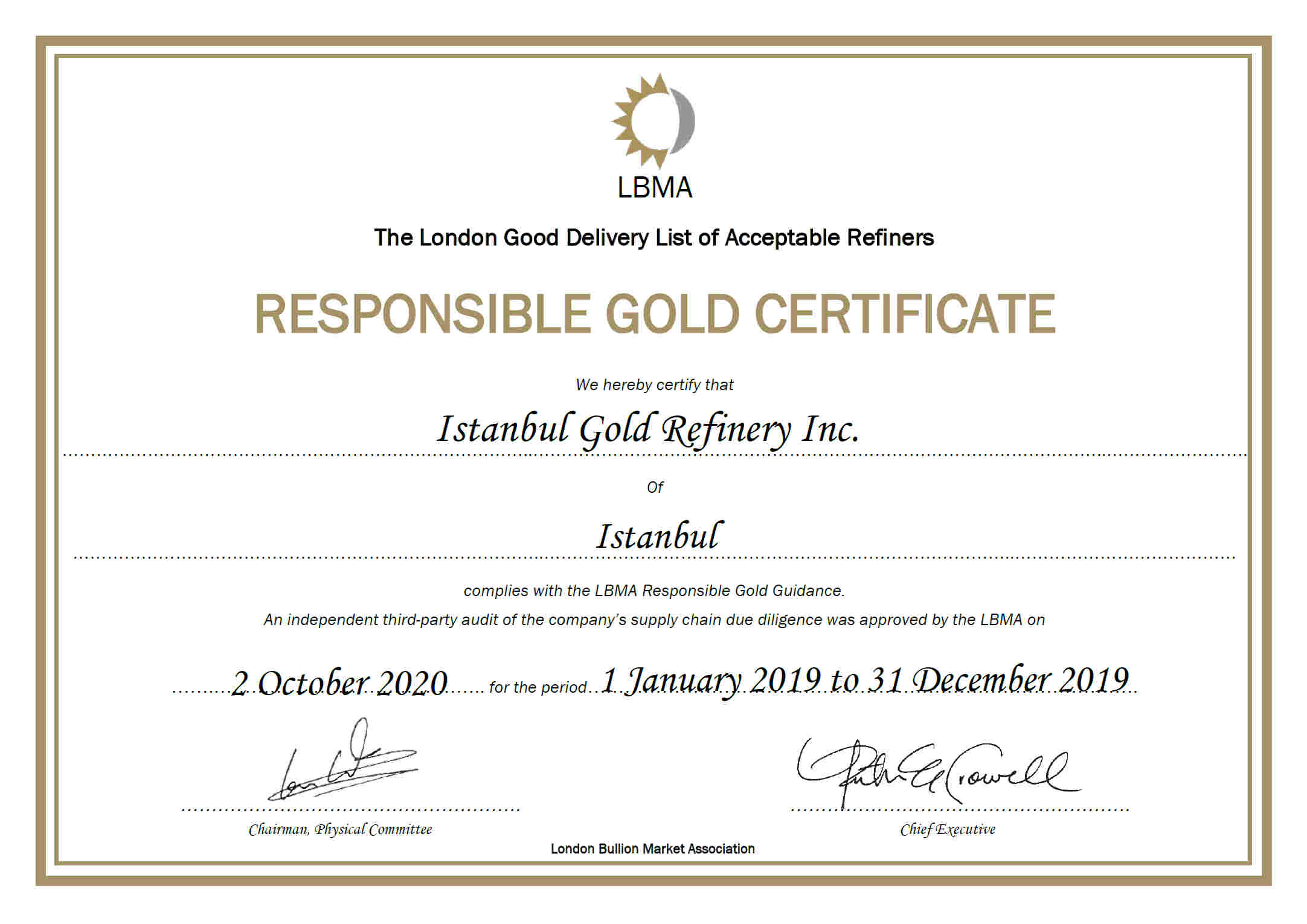 LBMA CERTIFICATE 2019