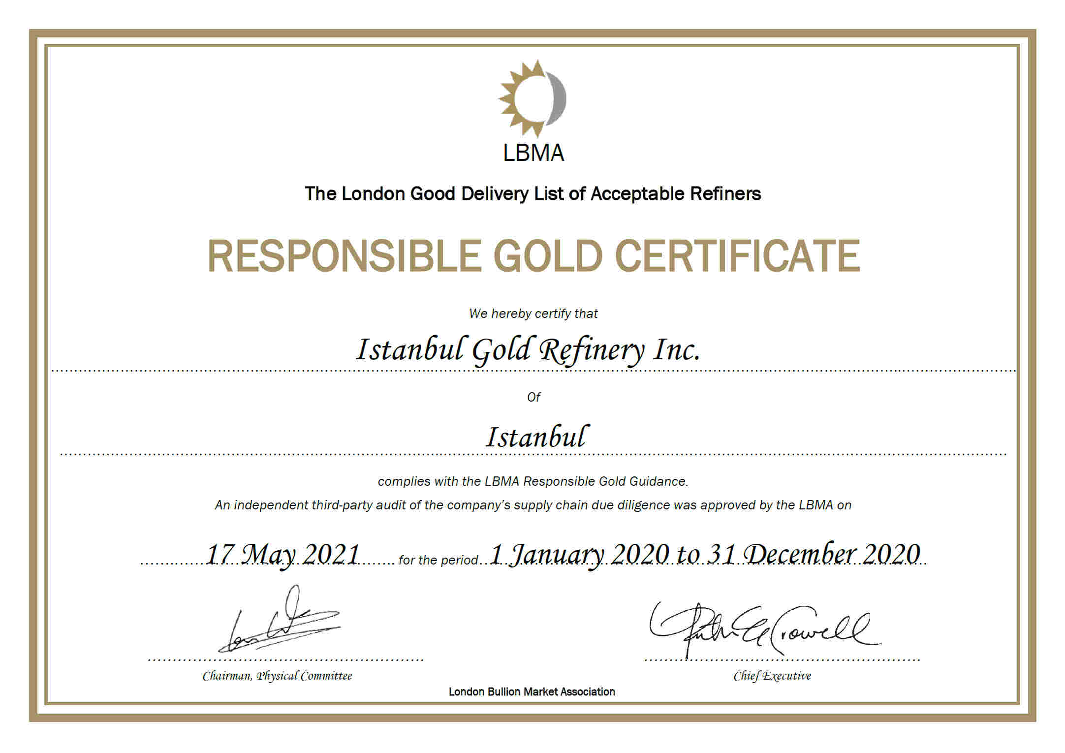 LBMA CERTIFICATE 2020