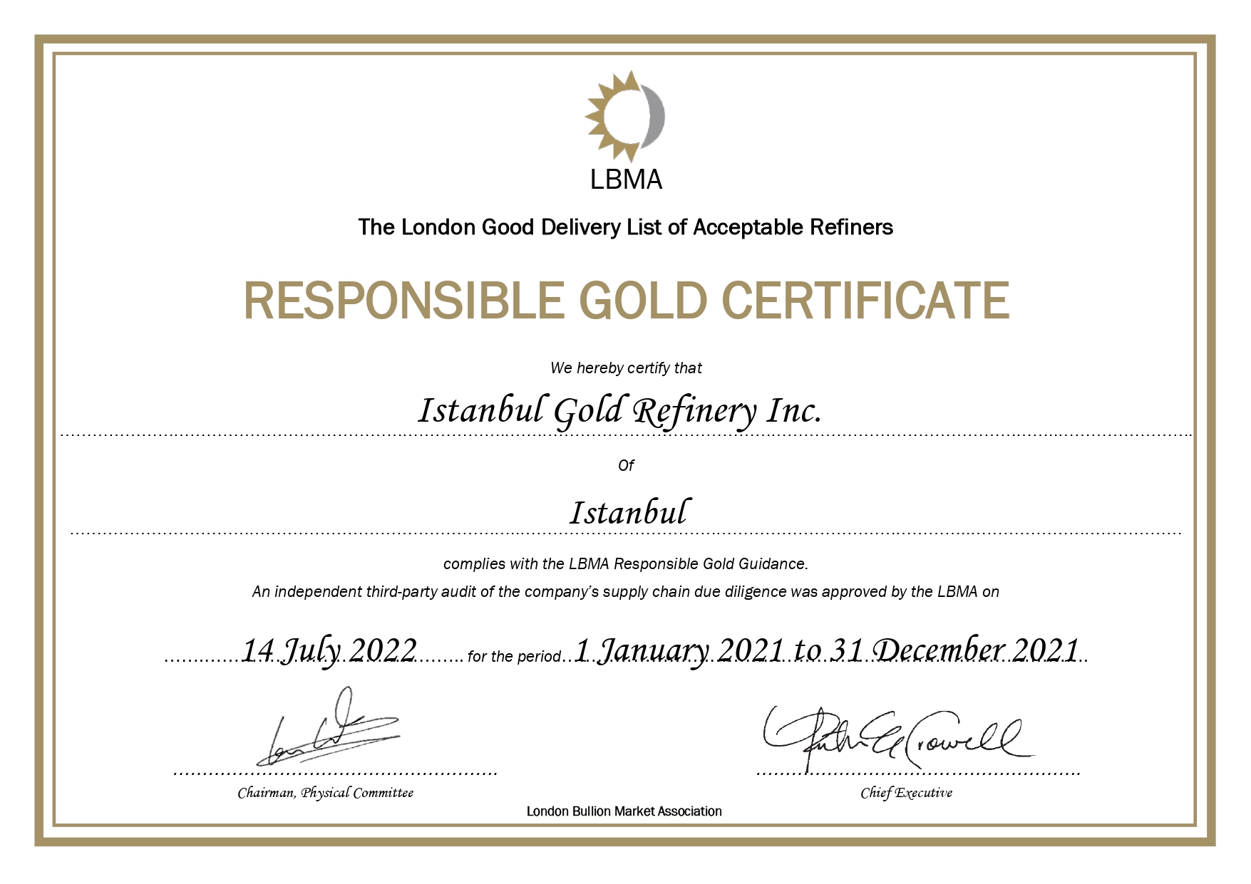 LBMA CERTIFICATE 2021